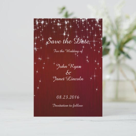 Charming Star Struck Wedding | Burgundy Red Save The Date (Stehend Vorderseite)