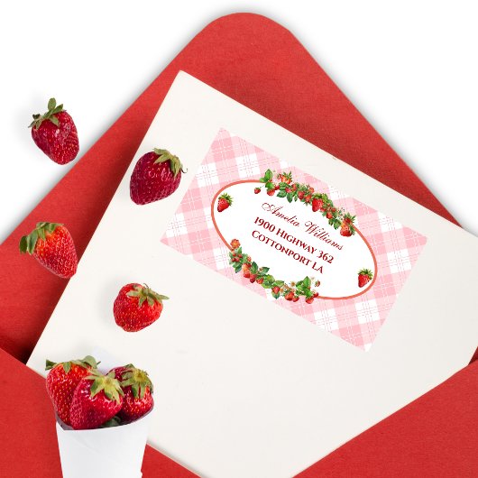 Charming Strawberry Pink Gingham Baby Dusche Adressaufkleber