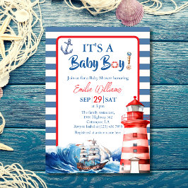 Charming Striped Blue Red Nautical Ahoy Baby Boy Einladung