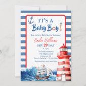 Charming Striped Blue Red Nautical Ahoy Baby Boy Einladung (Vorderseite)