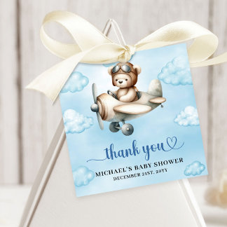 Charming Teddy Bear Pilot Blue Brown Baby Shower Geschenkanhänger