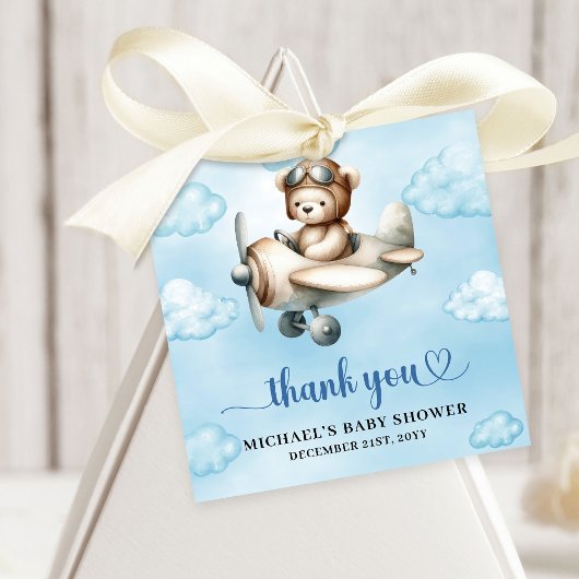 Charming Teddy Bear Pilot Blue Brown Baby Shower Geschenkanhänger
