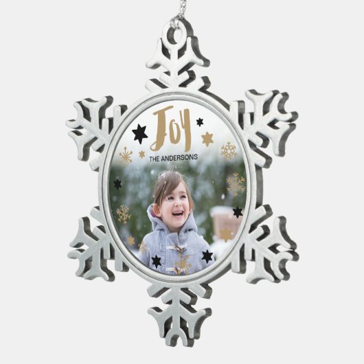 Charming Trendy Joy Holiday Foto Schneeflocken Zinn-Ornament (Rechts)
