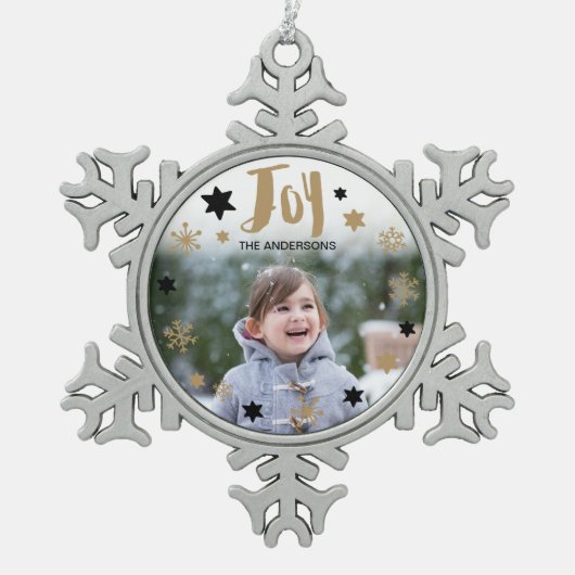 Charming Trendy Joy Holiday Foto Schneeflocken Zinn-Ornament (Vorderseite)