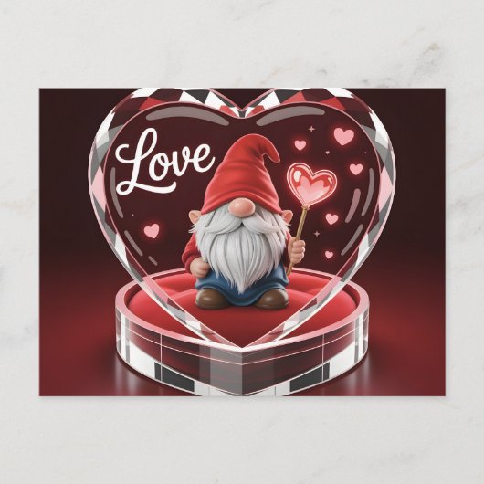 Charming Valentine Gnome in Crystal Heart Display Postkarte (Vorderseite)