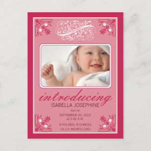 Charming Vintag Baby Birth Announcement (magenta) Ankündigungspostkarte