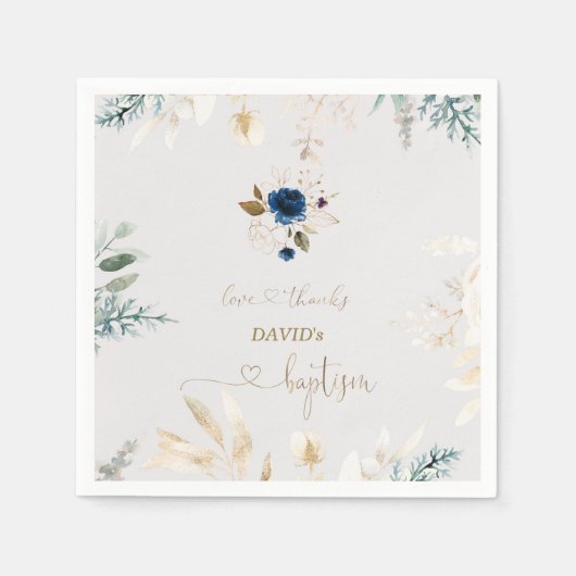 Charming Watercolor Blue Floral Gold Taufe Serviette (Vorderseite)