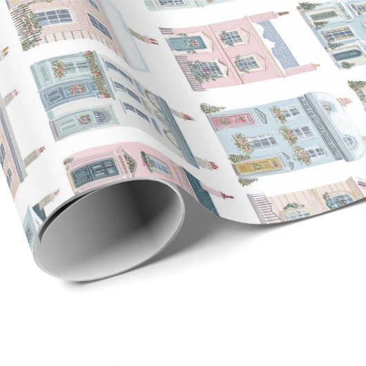 Charming Watercolor Christmas Houses Giftwrap Geschenkpapier (Rolleneckpunkt)
