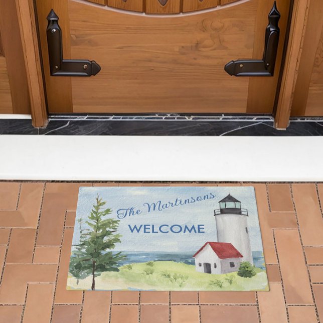Charming Watercolor Lighthouse Scene Name Fußmatte (Von Creator hochgeladen)