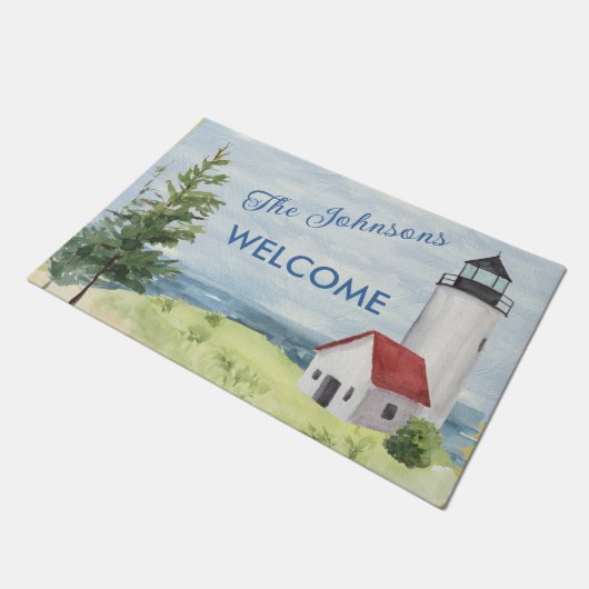 Charming Watercolor Lighthouse Scene Name Fußmatte (Schrägansicht)