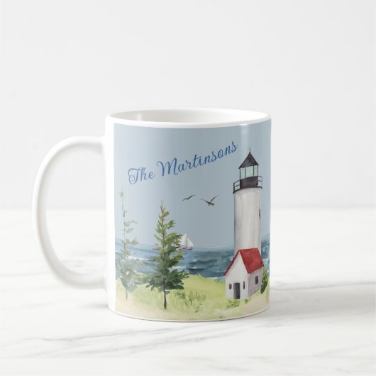 Charming Watercolor Lighthouse Scene Name Kaffeetasse (Links)