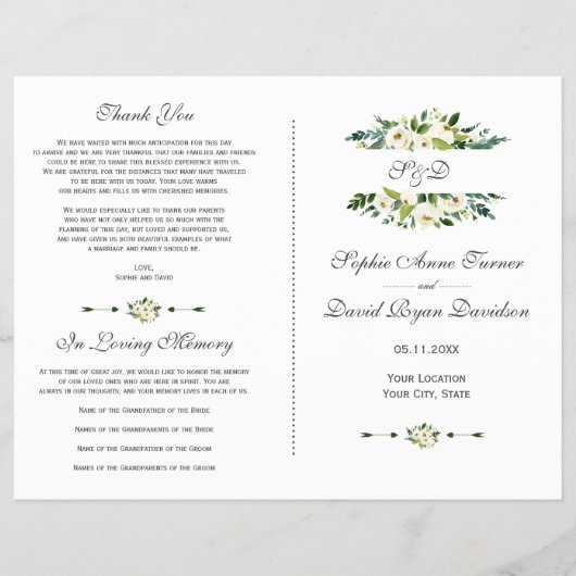 Charming White Blooming Floral Wedding Programm Flyer (Vorne)