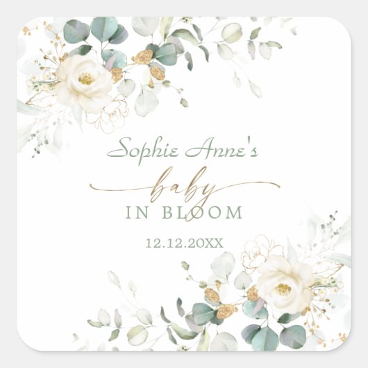 Charming White Floral Airy Blätter Baby in Bloom Quadratischer Aufkleber (Vorderseite)