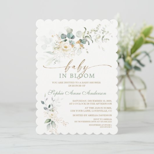 Charming White Floral Airy Leaves Baby in Bloom Einladung (Stehend Vorderseite)