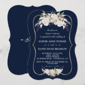 Charming White Pink Roses Navy Blue Gold Hochzeit Einladung (Vorne/Hinten)