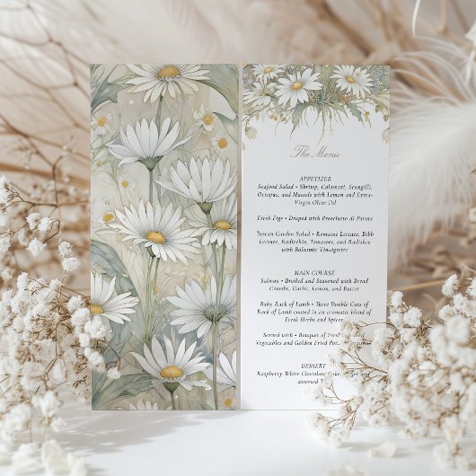 Charming Wild Daisy Wedding Menü Delikatessen Flor Einladung