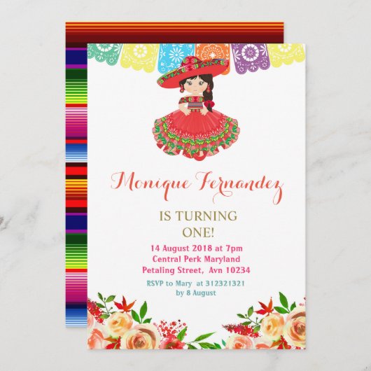 Charra Mexican Birthday Invitation Girl Einladung (Vorne/Hinten)