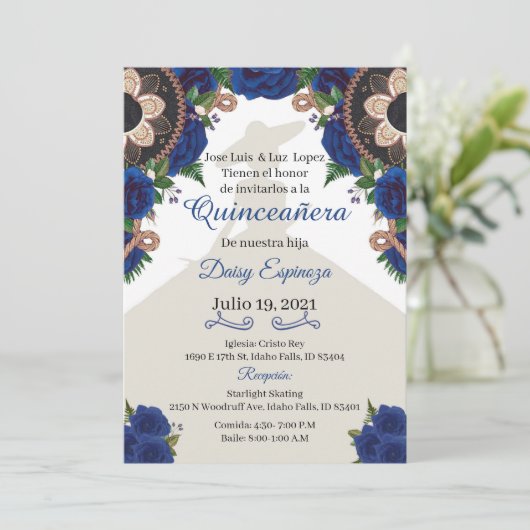 Charra Quinceanera Einladung, Royal blue Mariachi Einladung (Stehend Vorderseite)