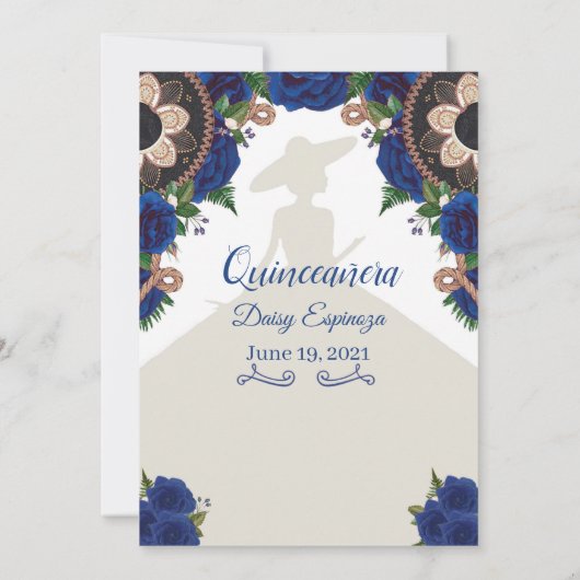 Charra Quinceanera Einladung, Royal blue Mariachi Einladung (Rückseite)