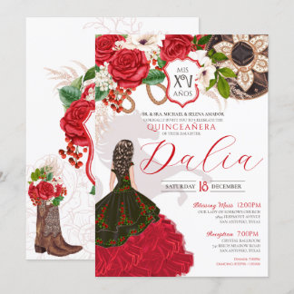 Charra Quinceañera Rote Rose Floral Wappen Western Einladung