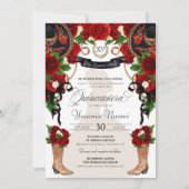 Charra Quinceanos Western Rote Rosen Black Mariach Einladung (Vorderseite)