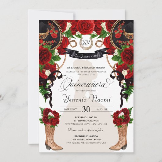 Charra Quinceanos Western Rote Rosen Black Mariach Einladung (Vorderseite)