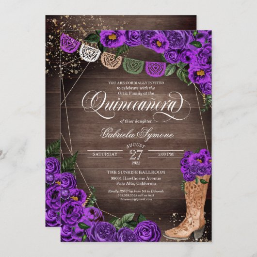 Charra Rustic Cowgirl Boot Lila Rose Quinceañera Einladung (Vorne/Hinten)