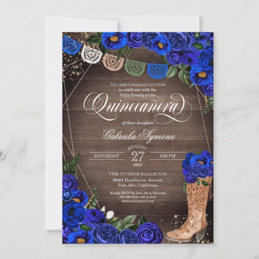 Charra Rustic Cowgirl Boots Blue Rose Quinceañera Einladung (Vorderseite)