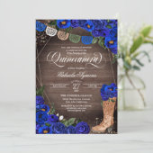 Charra Rustic Cowgirl Boots Blue Rose Quinceañera Einladung (Stehend Vorderseite)