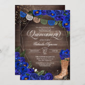 Charra Rustic Cowgirl Boots Blue Rose Quinceañera Einladung (Vorne/Hinten)