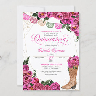 Charra Rustic Cowgirl Pink Rose Quinceañera Invita Einladung