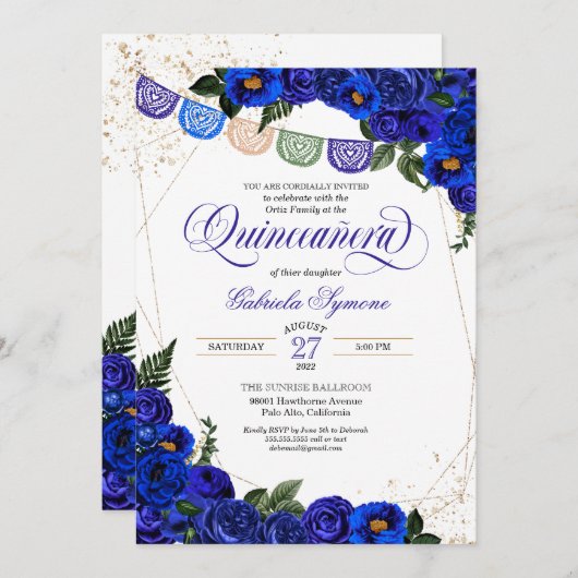 Charra Rustic Papel Picado Blue Rose Quinceañera Einladung (Vorne/Hinten)