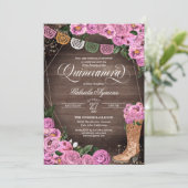 Charra Rustic Pink Roses Cowgirl Boots Quinceañera Einladung (Stehend Vorderseite)