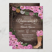 Charra Rustic Pink Roses Cowgirl Boots Quinceañera Einladung (Vorne/Hinten)