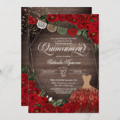 Charra Rustic Rote Rosen Glitzer Dress Quinceañera Einladung (Vorne/Hinten)