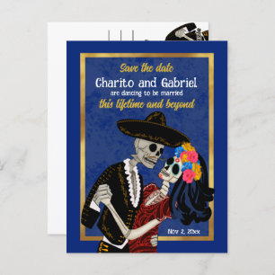 Charro Catrina Sugar Skulls Blue Save the Date Postkarte