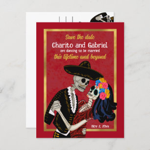 Charro Catrina Sugar Skulls Rot Save the Date Postkarte