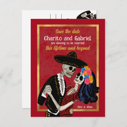 Charro Catrina Sugar Skulls Rot Save the Date Postkarte (Vorne/Hinten)