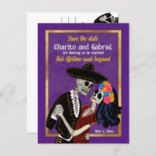 Charro Catrina Sugar Skulls Save the Date Lila Postkarte
