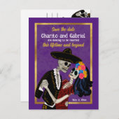 Charro Catrina Sugar Skulls Save the Date Lila Postkarte (Vorne/Hinten)