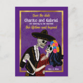Charro Catrina Sugar Skulls Save the Date Lila Postkarte (Vorderseite)