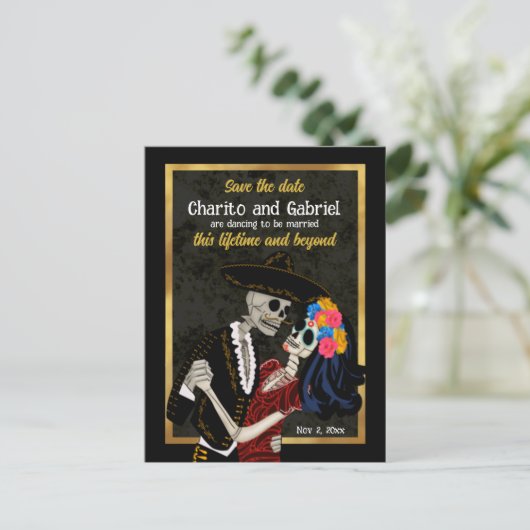 Charro Catrina Sugar Skulls Schwarz Save the Date Postkarte (Stehend Vorderseite)