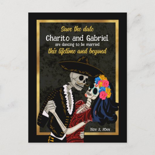 Charro Catrina Sugar Skulls Schwarz Save the Date Postkarte (Vorderseite)