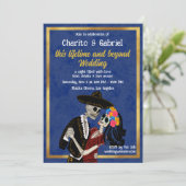Charro Catrina Sugar Skulls Tanzen Blue Wedding Einladung (Stehend Vorderseite)