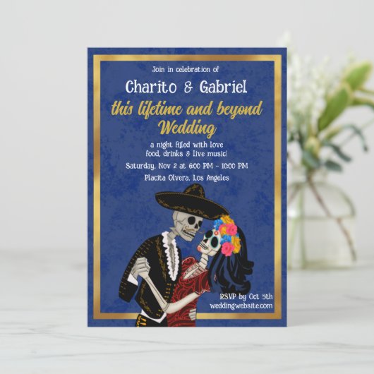 Charro Catrina Sugar Skulls Tanzen Blue Wedding Einladung (Stehend Vorderseite)