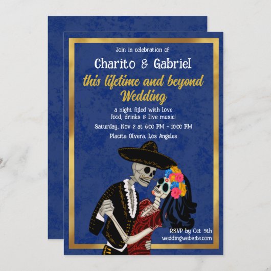 Charro Catrina Sugar Skulls Tanzen Blue Wedding Einladung (Vorne/Hinten)