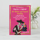 Charro Catrina Sugar Skulls Tanzen Pink Wedding Einladung (Stehend Vorderseite)