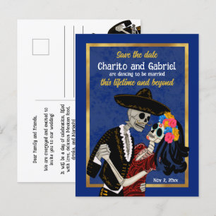 Charro Catrina Zucker Schädel Blau Terminankündigu Postkarte