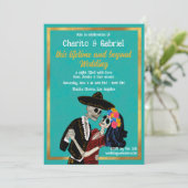 Charro Catrina Zuckerhut Tanzen Aquamarine Hochzei Einladung (Stehend Vorderseite)