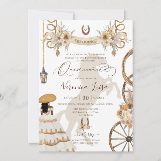Charro Floral Boho Rustic Country Quinceanera v2 Einladung (Vorderseite)